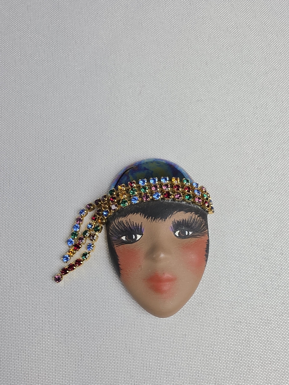 Artisan Hand Painted Lady Face Brooch Rhinestone Accent Flapper Style Pin Jewel